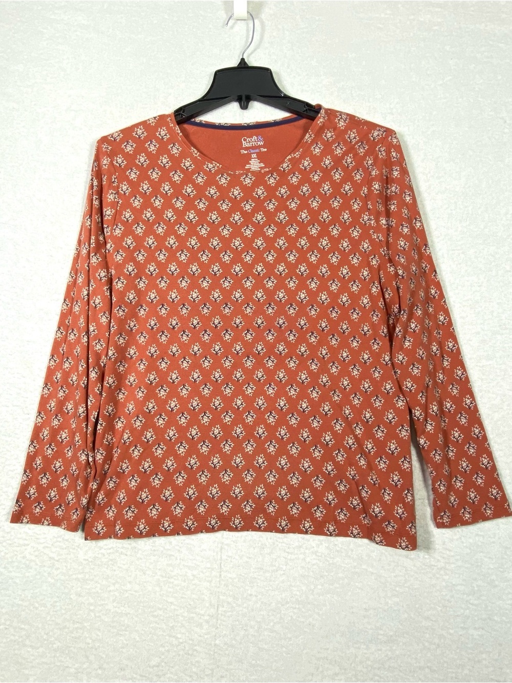 Croft & Barrow Classic Tee Floral Women's XXL Rust Orange Long Sleeve Crew Neck